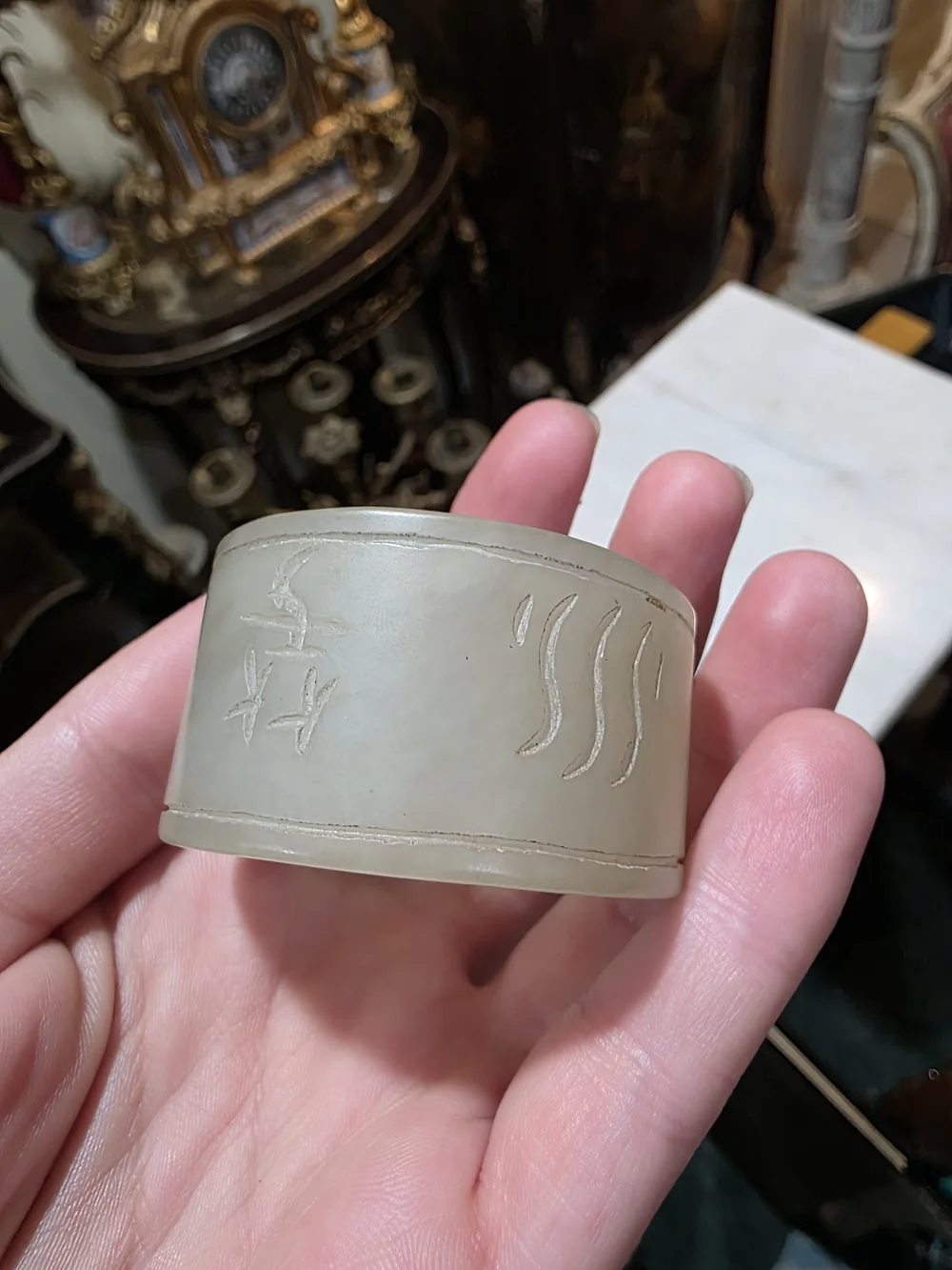 Chinese Nephrite Jade Cylinder Inscribed Character Ornament w/ Wood Stand 55g